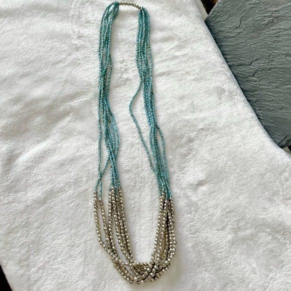 Pewter and Sky Matte Blue Beaded Multi String Necklace - Picture 4 of 5